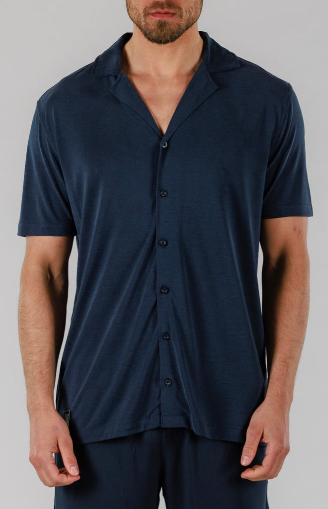 VEIL WOOD SHIRT SHORT SLEEVE | NAVY - BAIN DE MER USA I Luxury Swimwear & Casual wear