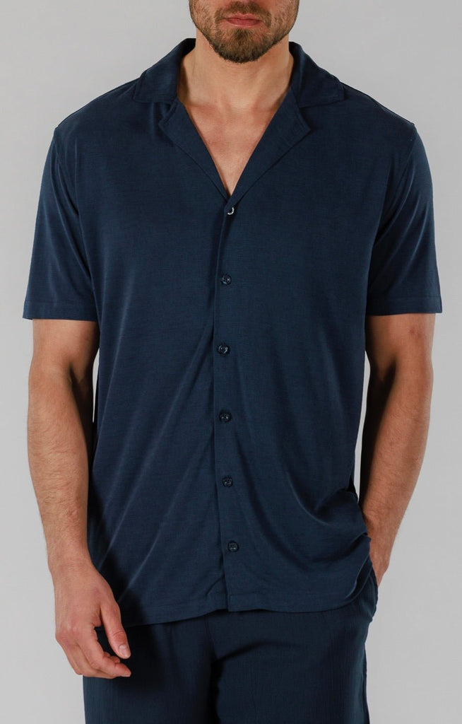 VEIL WOOD SHIRT SHORT SLEEVE | NAVY - BAIN DE MER USA I Luxury Swimwear & Casual wear