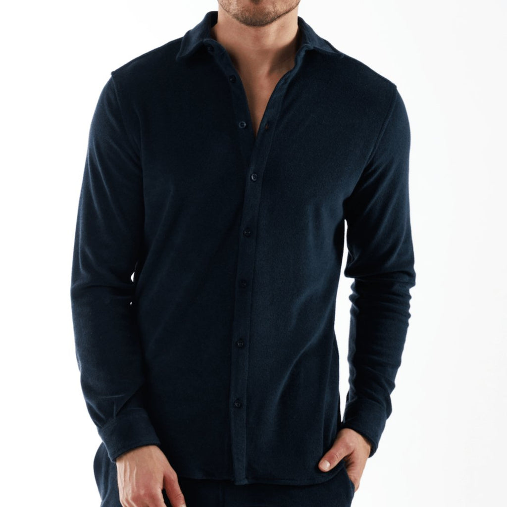 BAGATELLE NAVY BLUE | Towelling Long Sleeve Shirt - BAIN DE MER USA I Luxury Swimwear & Casual wear